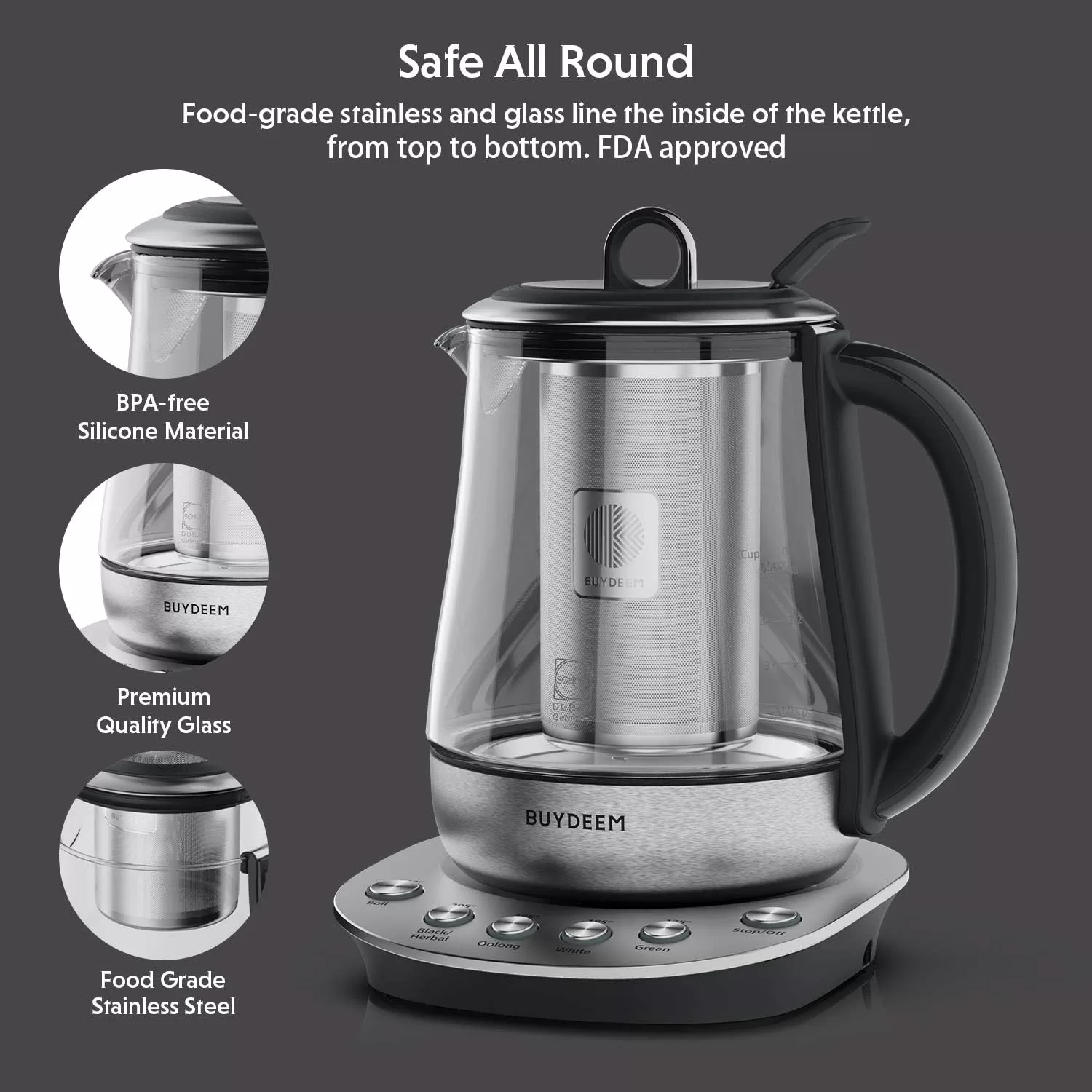 BUYDEEM K2423 Tea Maker, Durable 316 Stainless Steel & German Schott Glass Electric Kettle, 1.2L