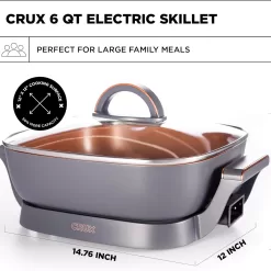 CRUX Electric Skillet with Glass Lid - Nonstick Scratch Resistant Ceramic Pan, Extra Deep, 12" x 12", 1400 Watts
