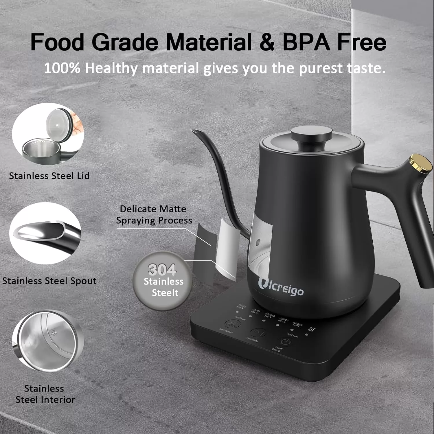 Ulcreigo Gooseneck Electric Kettle Temperature Control with 5 Variable Presets, (Black)