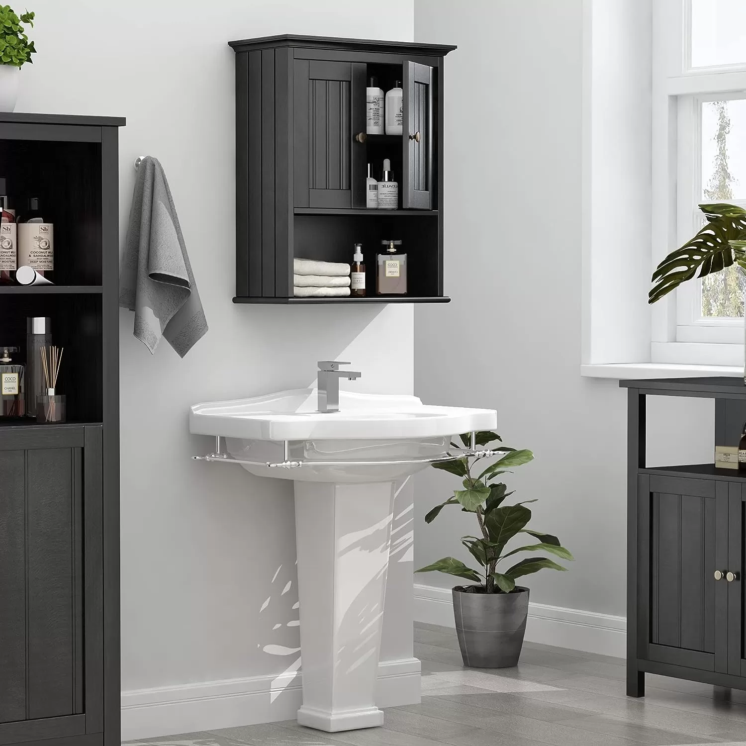 Treocho Wood Wall Cabinet Bathroom Medicine Cabinet Storage, Black