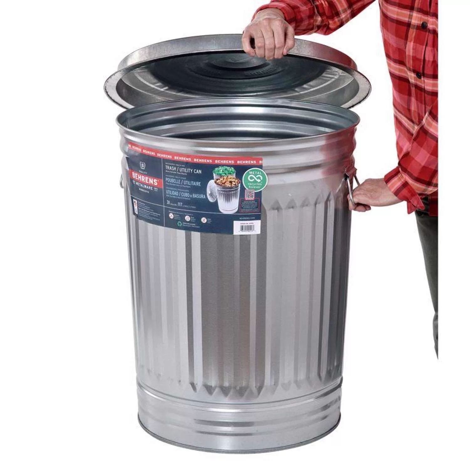 Behrens 31 gal Silver Galvanized Steel Trash Can Lid Included Animal Proof/Animal Resistant