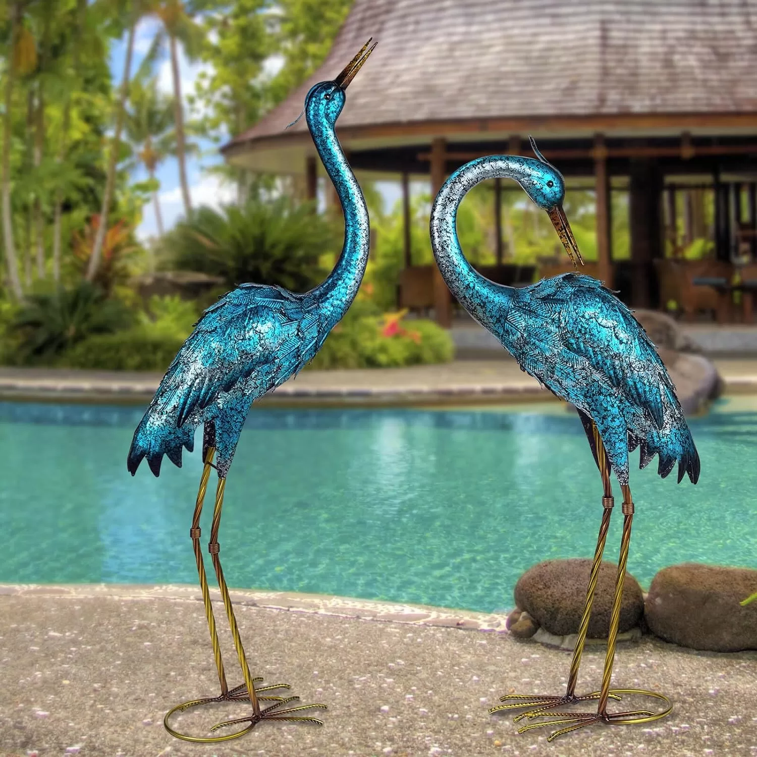Kircust Garden Sculpture & Statues, Blue Heron Lawn Ornaments Standing Metal Crane Yard Art Large Size Bird Decoy, Set of 2