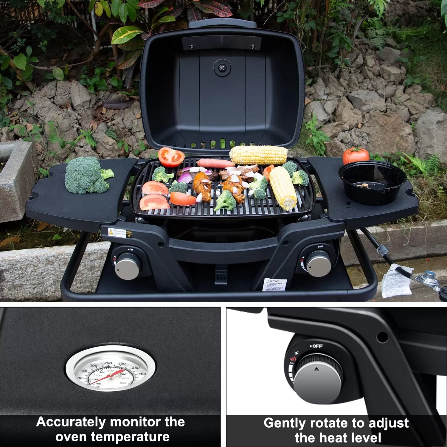 Portable Propane Gas Grill, 2-Burner Portable Gas Grill Small Tabletop Gas Grill, 24000BTU, Black