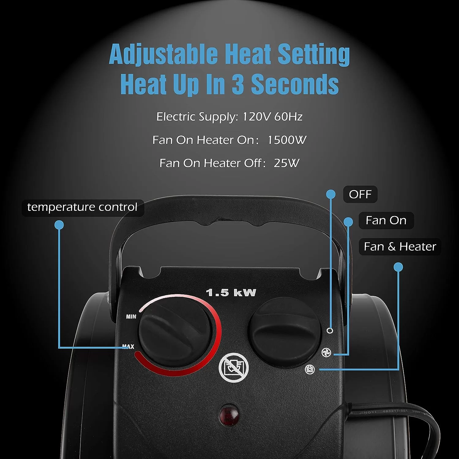 Electric Heater Fan, Portable Heater with Overheat Protection, Fast Heating, Small Garage Heater