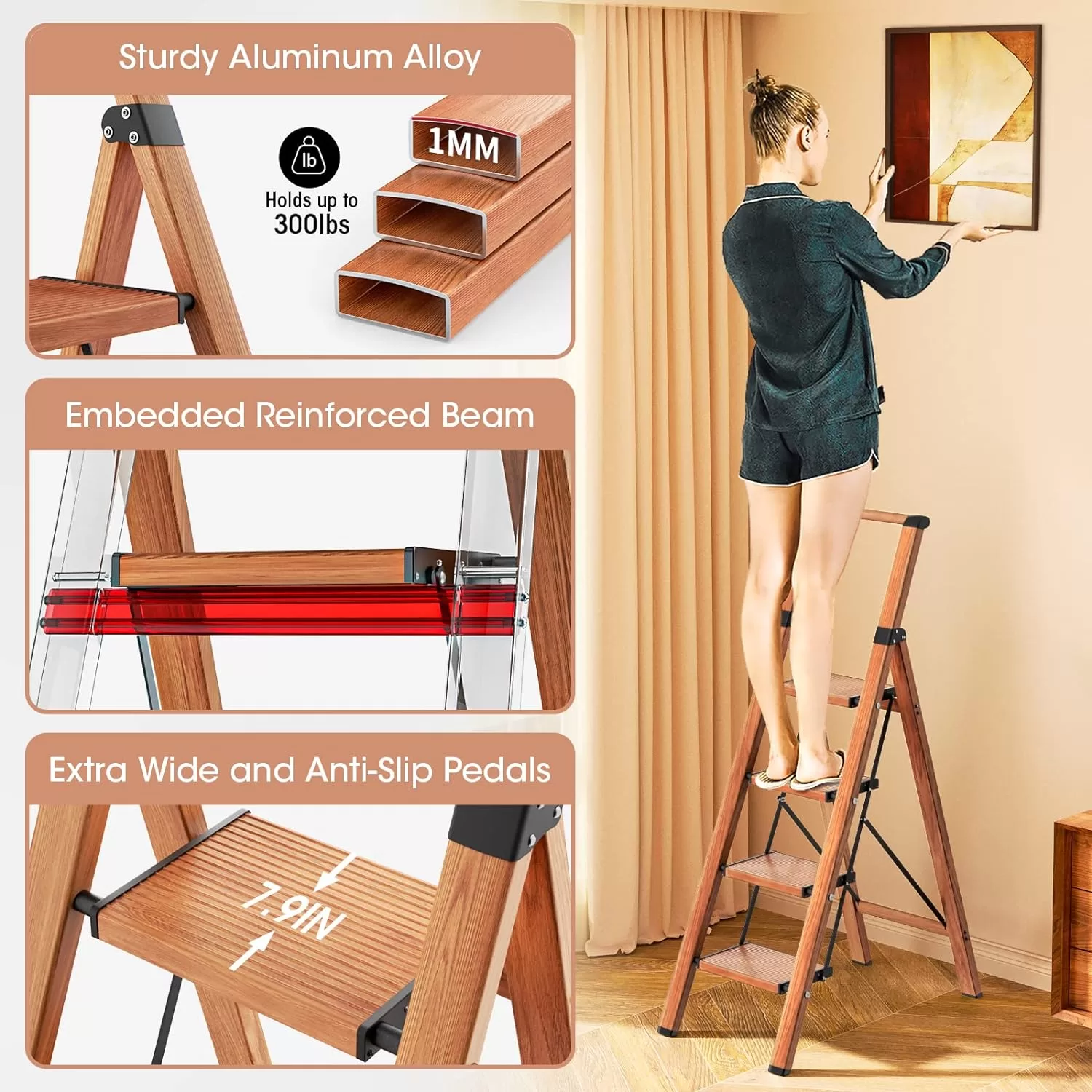 4 Step Ladder, Folding Step Stool with Convenient Handgrip, 330 lbs Capacity
