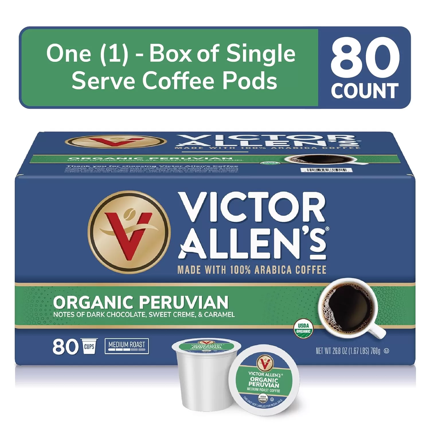 Victor Allen's Coffee Organic Peruvian, Medium Roast, 80 Count, Single Serve Coffee Pods for Keurig K-Cup Brewers