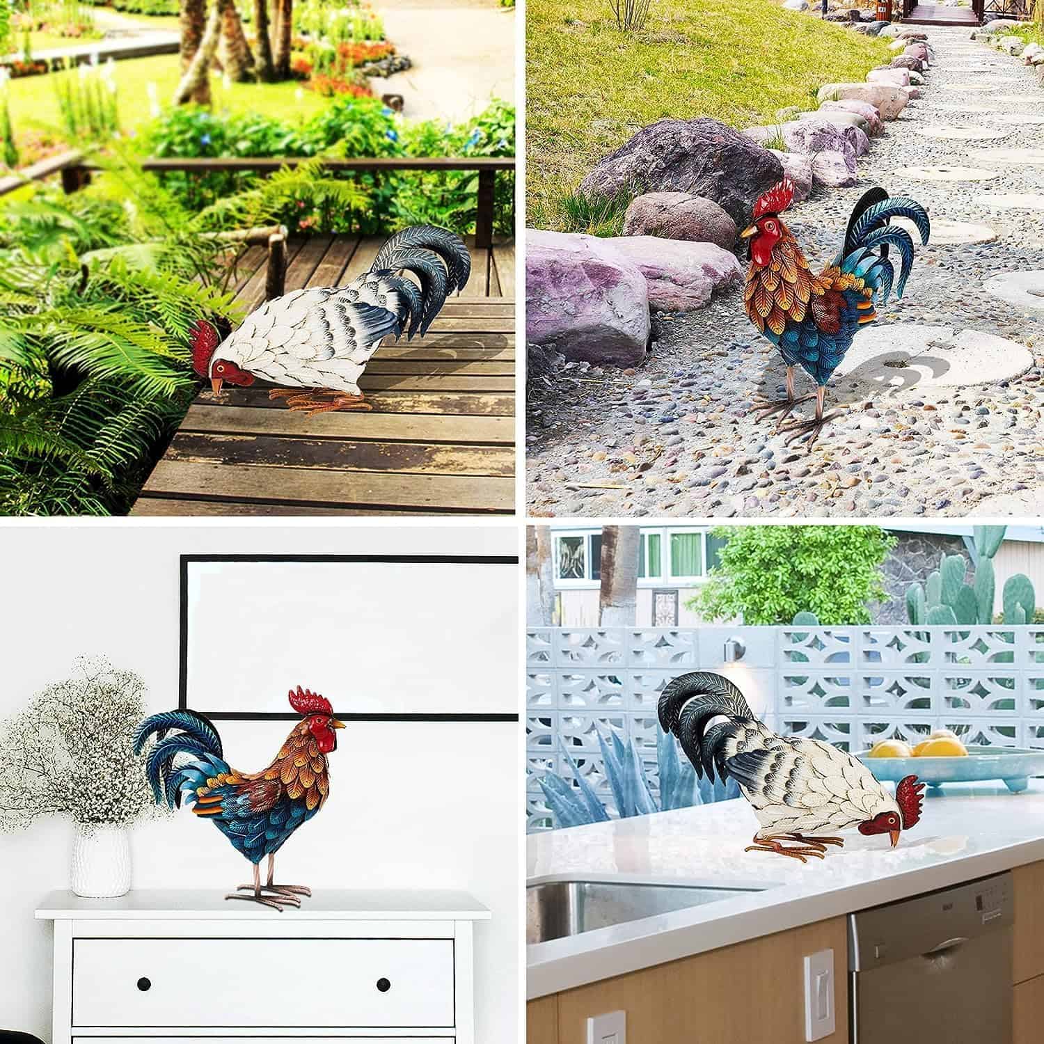 Shorayn Metal Rooster Statues, Outdoor Garden Statues, Metal Chicken Decor, Set of 2