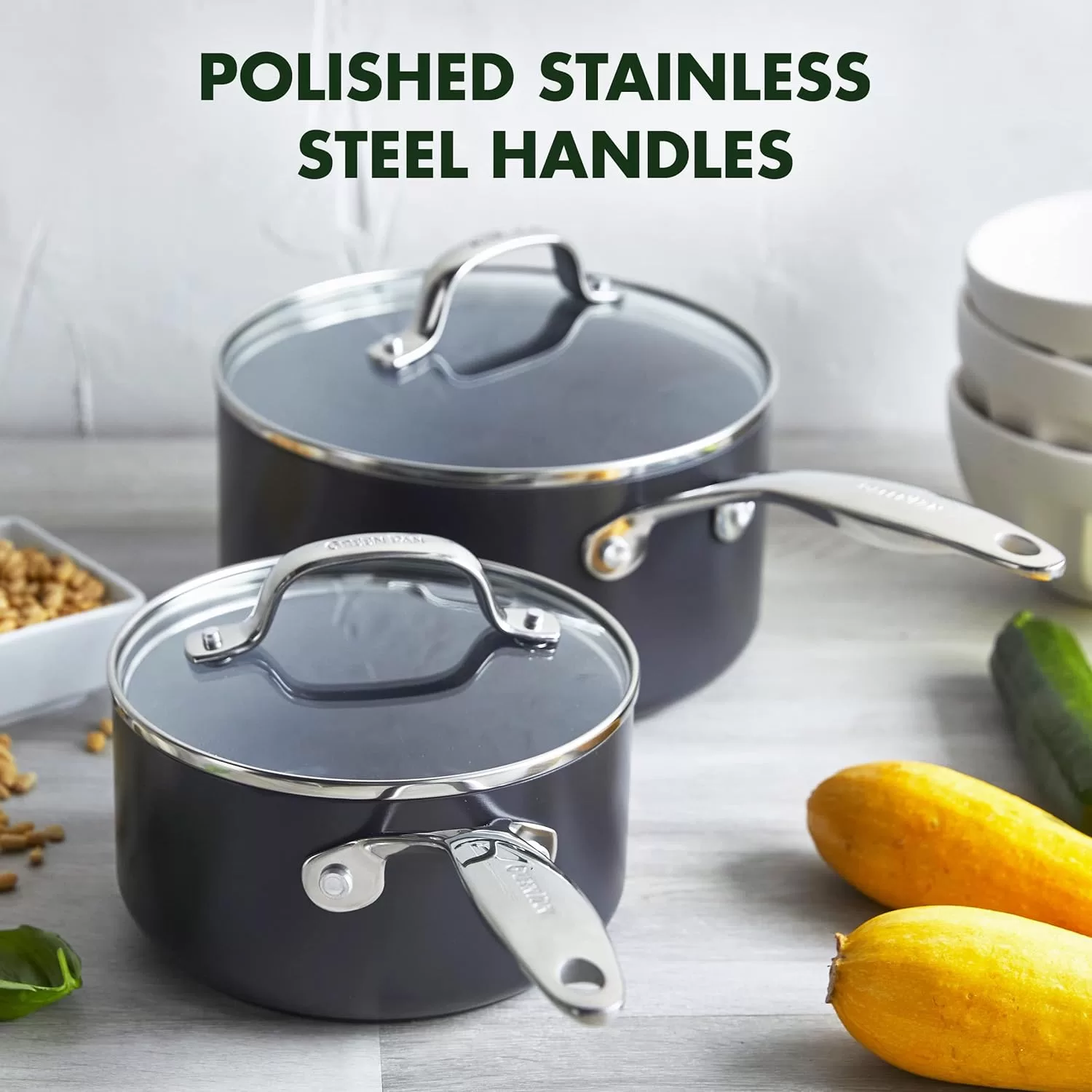 GreenPan Valencia Pro Hard Anodized Healthy Ceramic Nonstick 2QT and 3QT Saucepan Pot Set with Lids, Gray