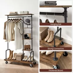 VASAGLE Clothes Rack, Clothing Garment Rack on Wheels, Rustic Brown UHSR66BX