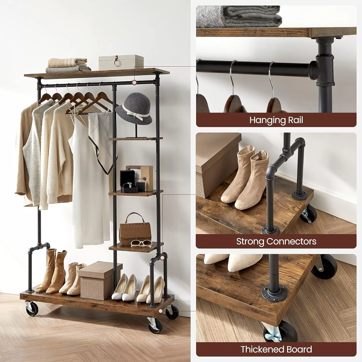 VASAGLE Clothes Rack, Clothing Garment Rack on Wheels, Rustic Brown UHSR66BX