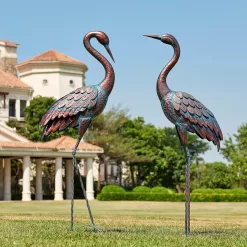 Kircust Garden Crane Statues Patina Heron Decoy, Standing Metal Crane Sculptures Bird Yard Art for Outdoor Decor, Set of 2