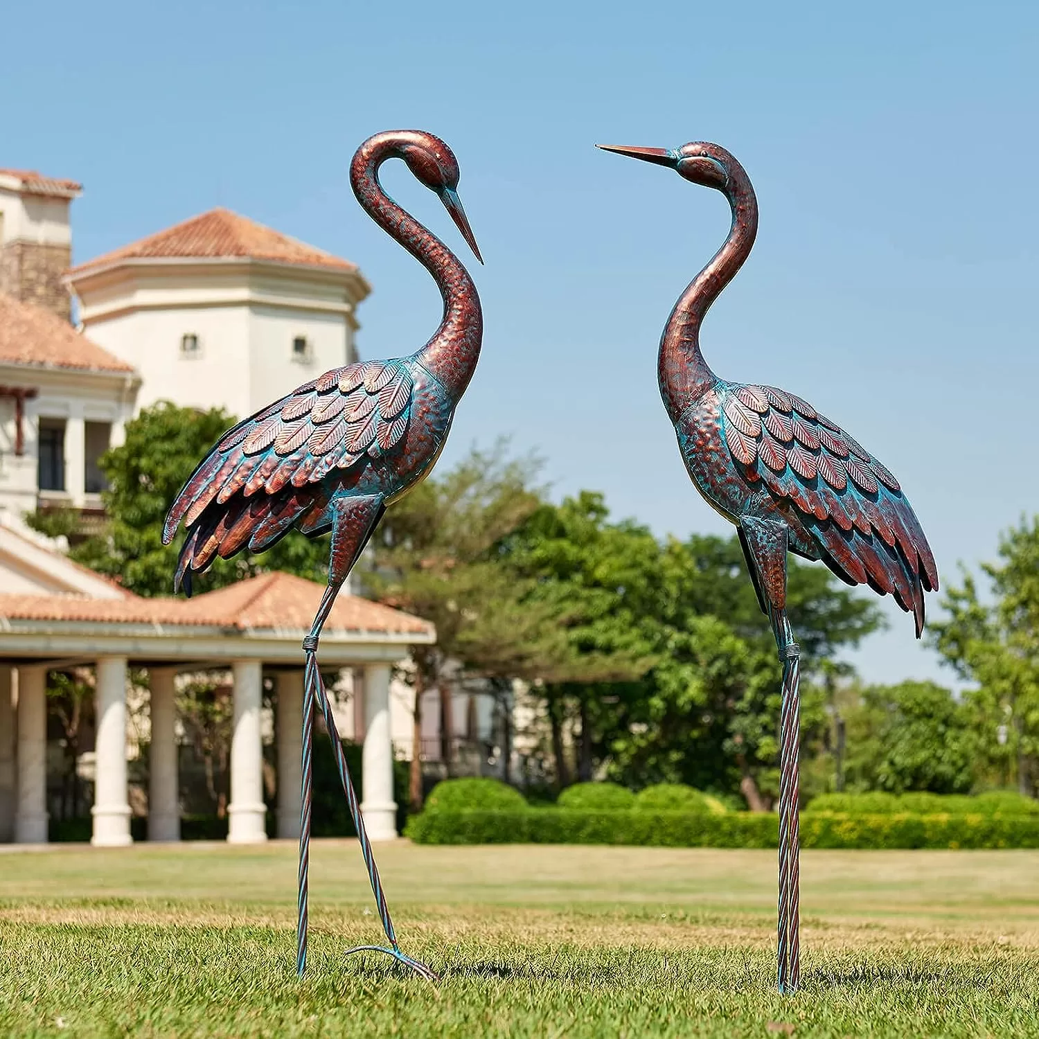 Kircust Garden Crane Statues Patina Heron Decoy, Standing Metal Crane Sculptures Bird Yard Art for Outdoor Decor, Set of 2