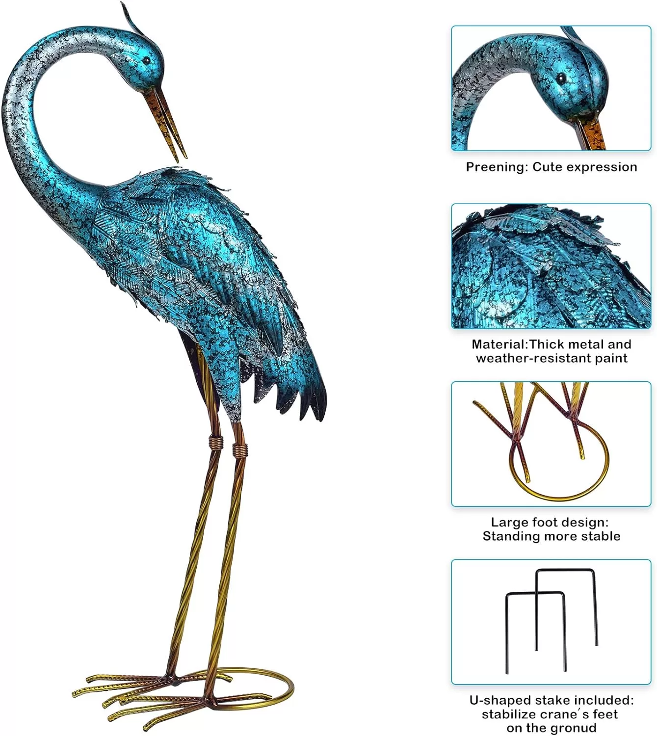 Kircust Garden Sculpture & Statues, Blue Heron Lawn Ornaments Standing Metal Crane Yard Art Large Size Bird Decoy, Set of 2