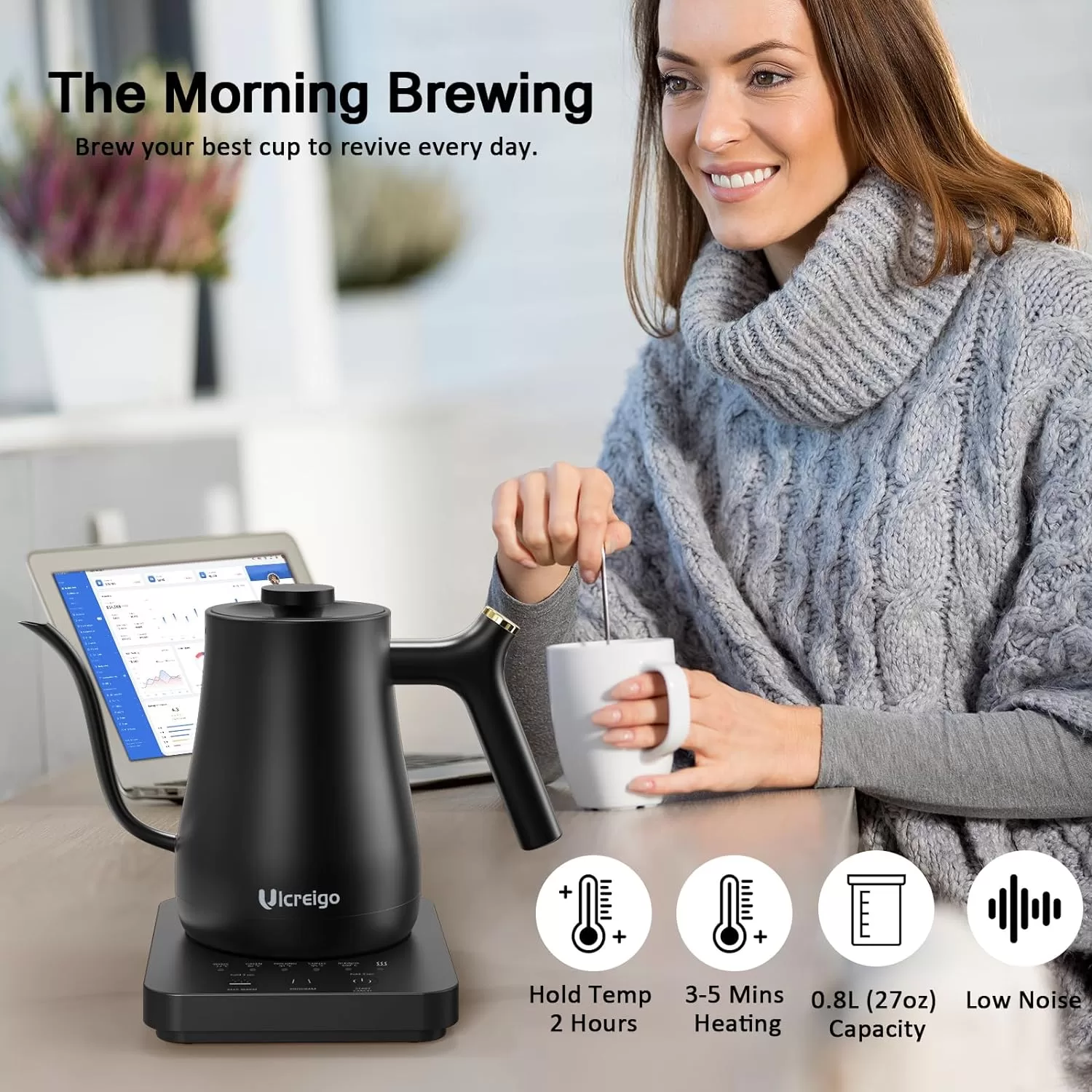 Ulcreigo Gooseneck Electric Kettle Temperature Control with 5 Variable Presets, (Black)