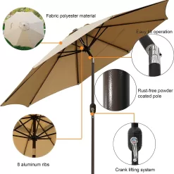 Blissun 9' Outdoor Market Patio Umbrella with Push Button Tilt and Crank, 8 Ribs (Tan)