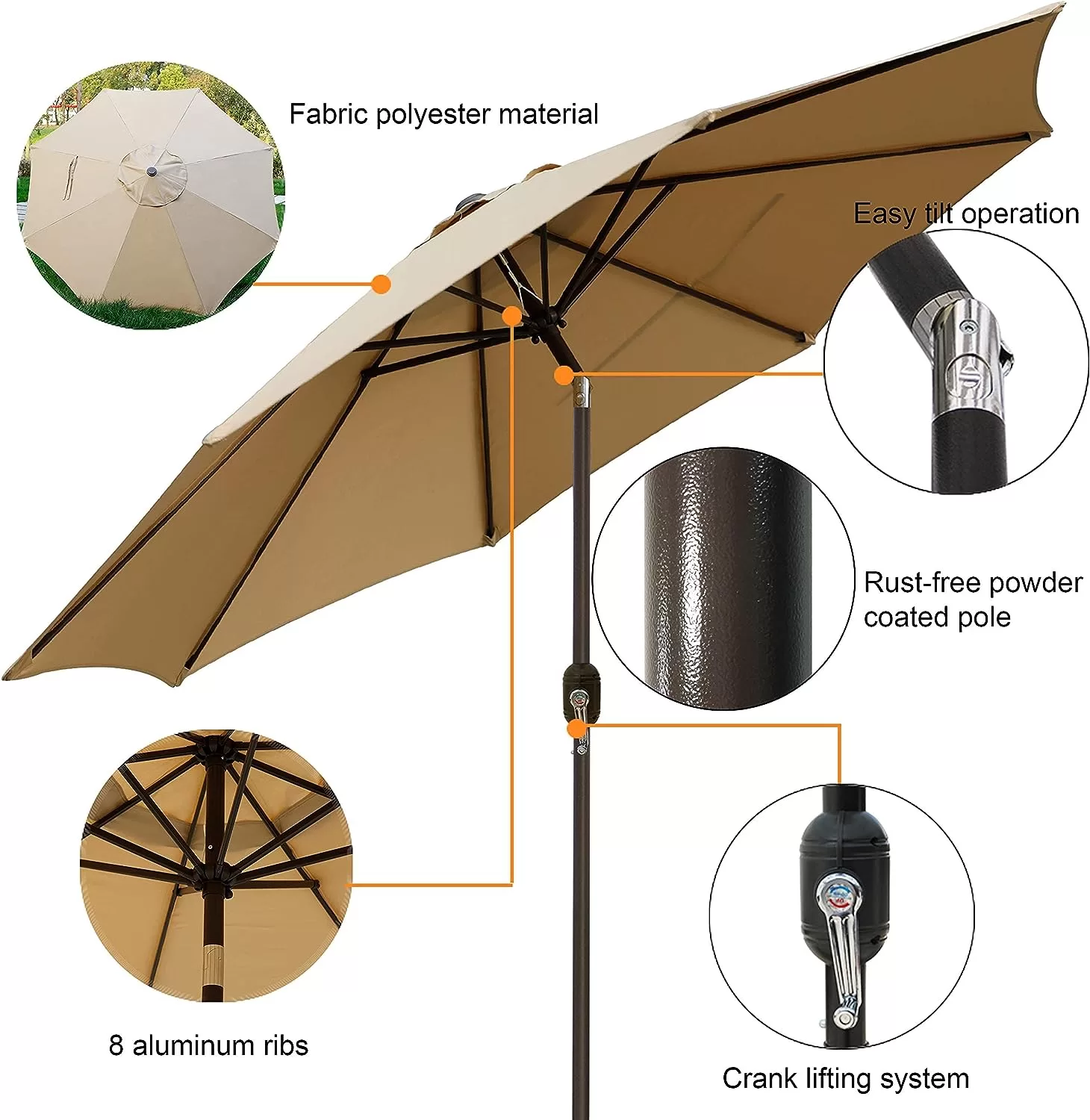 Blissun 9' Outdoor Market Patio Umbrella with Push Button Tilt and Crank, 8 Ribs (Tan)