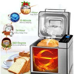KBS Pro Stainless Steel Bread Machine, 2LB 17-in-1 Programmable XL Bread Maker with Fruit Nut Dispenser