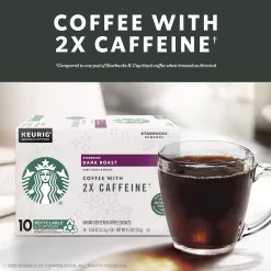 Starbucks Dark Roast K-Cup Coffee Pods with 2X Caffeine — for Keurig Brewers, 10 Count (Pack of 6)