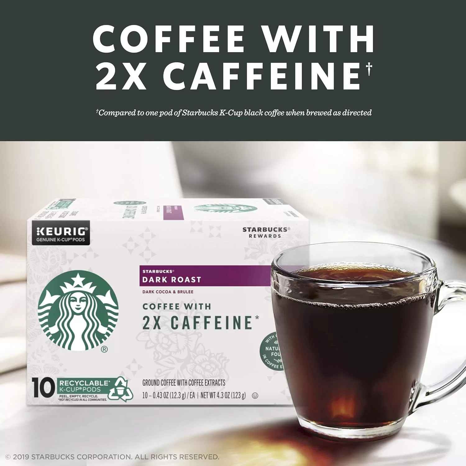 Starbucks Dark Roast K-Cup Coffee Pods with 2X Caffeine — for Keurig Brewers, 10 Count (Pack of 6)