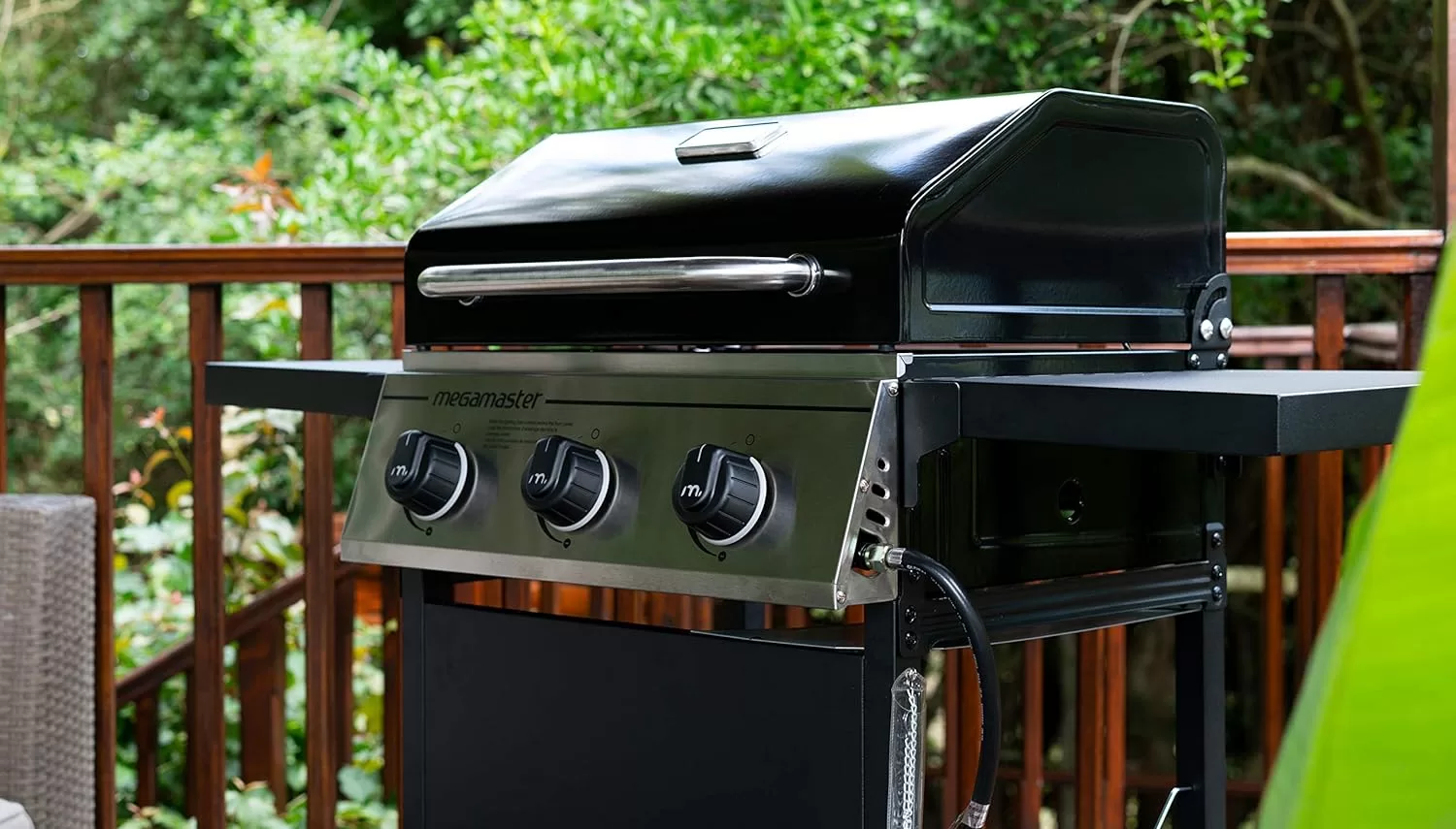 Megamaster 3-Burner Propane Gas Grill with 2 Foldable Side Tables, 30000 BTUs