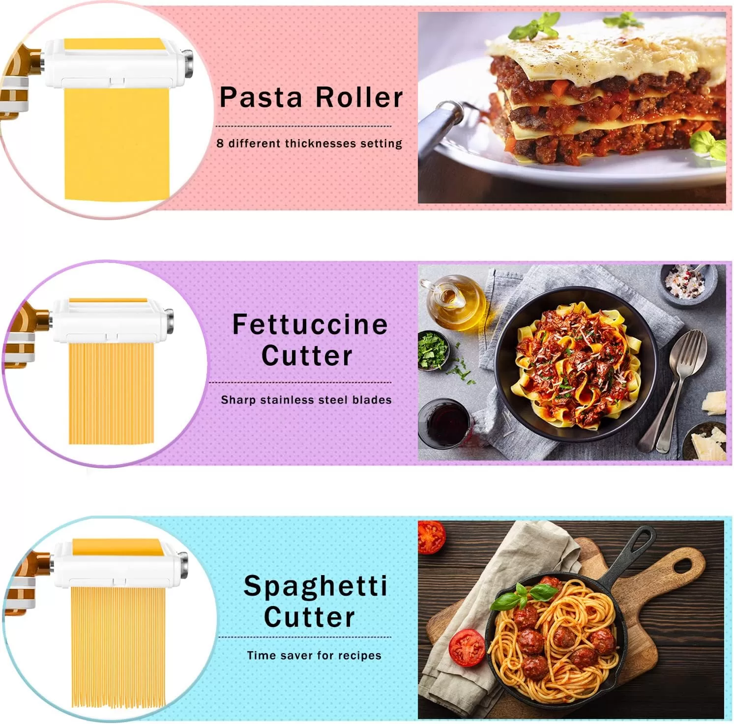 Pasta Maker Attachment for Kitchenaid Mixers, Noodle Maker 3 in 1 Set of Pasta Sheeter Fettuccine Cutter Spaghetti Cutter