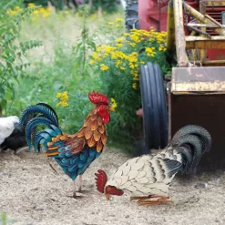Shorayn Metal Rooster Statues, Outdoor Garden Statues, Metal Chicken Decor, Set of 2