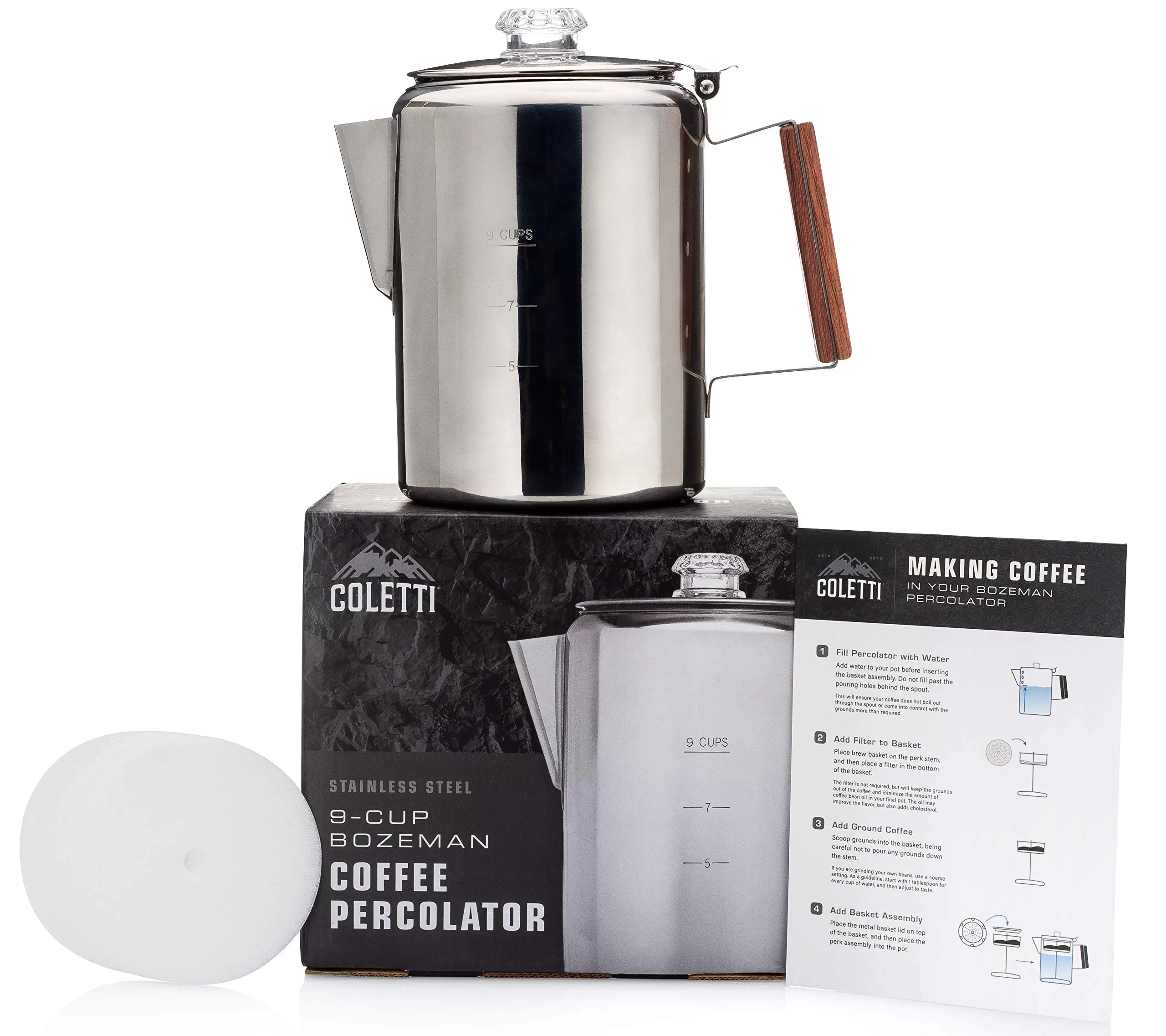 COLETTI Bozeman Camping Coffee Pot – Coffee Percolator – Percolator Coffee Pot for Campfire or Stove Top Coffee Making – 9 CUP