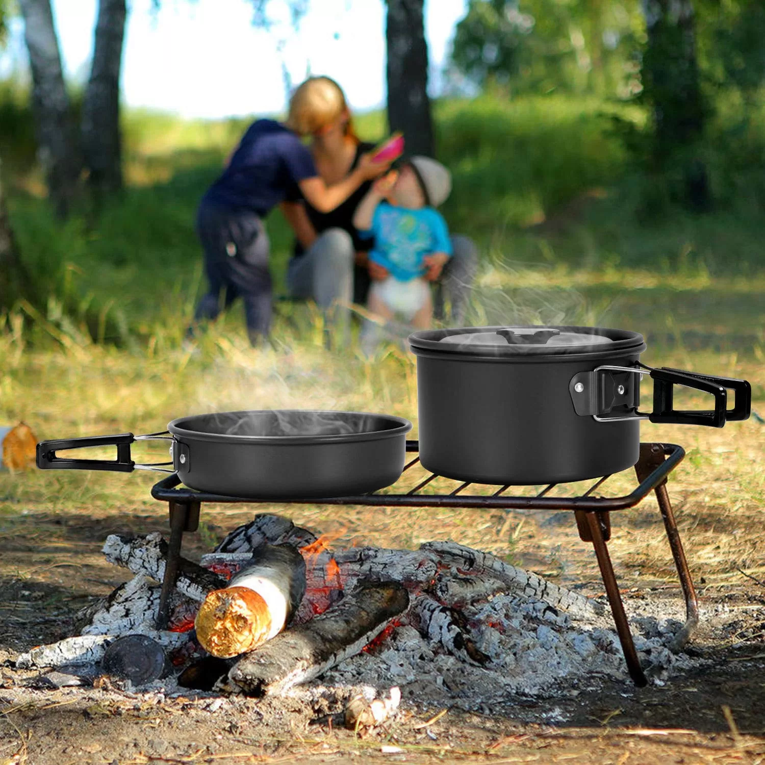 Odoland 15pcs Camping Cookware Mess Kit, Non-Stick Lightweight Pot Pan Kettle Set
