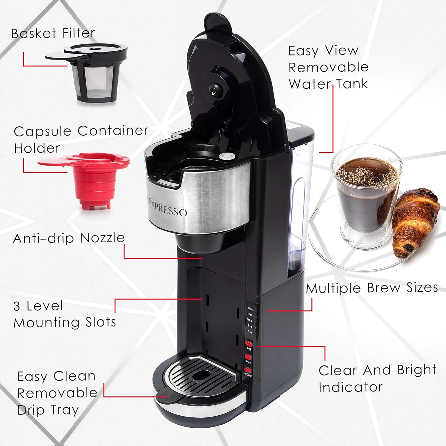 Mixpresso Single Serve Coffee Brewer K-Cup Pods Compatible & Ground Coffee, Black