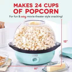 DASH SmartStore Deluxe Stirring Popcorn Maker, Hot Oil Electric Popcorn Machine, 24 Cups – Aqua