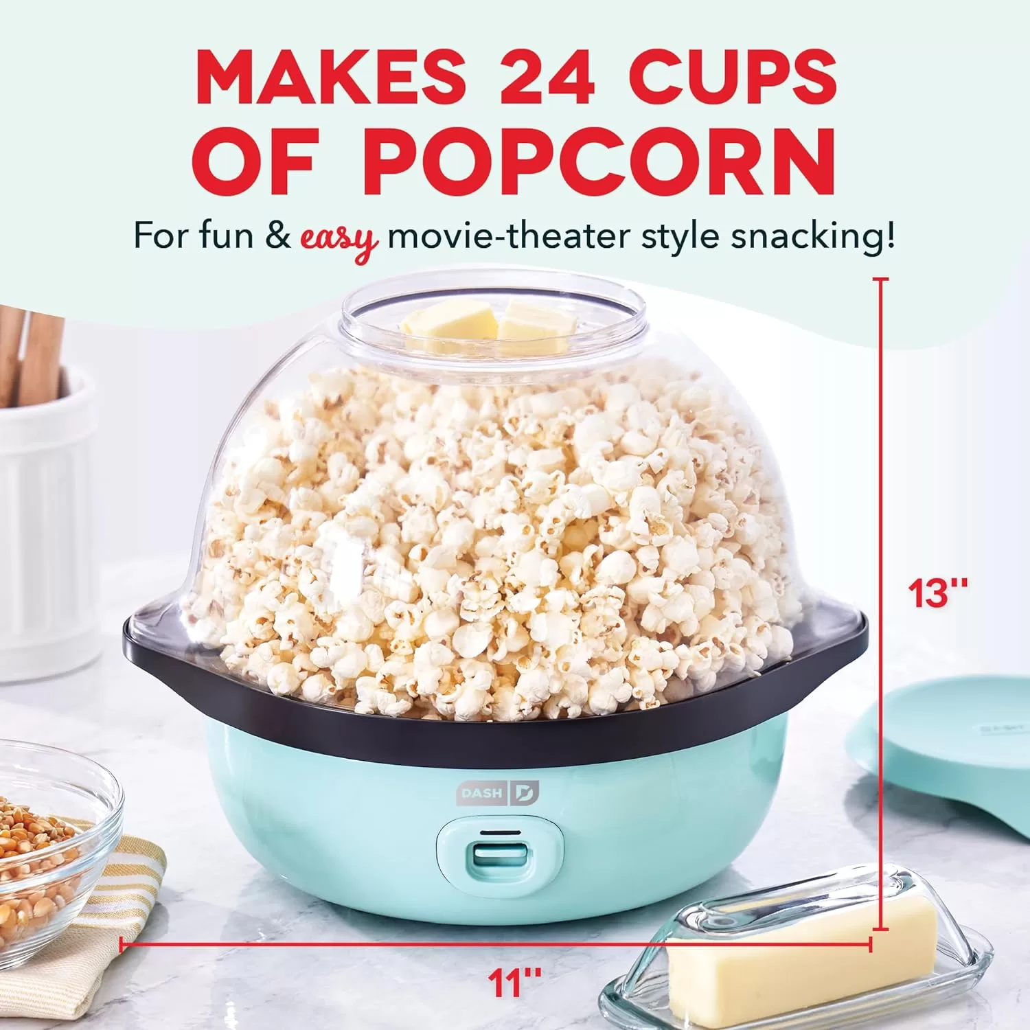 DASH SmartStore Deluxe Stirring Popcorn Maker, Hot Oil Electric Popcorn Machine, 24 Cups – Aqua