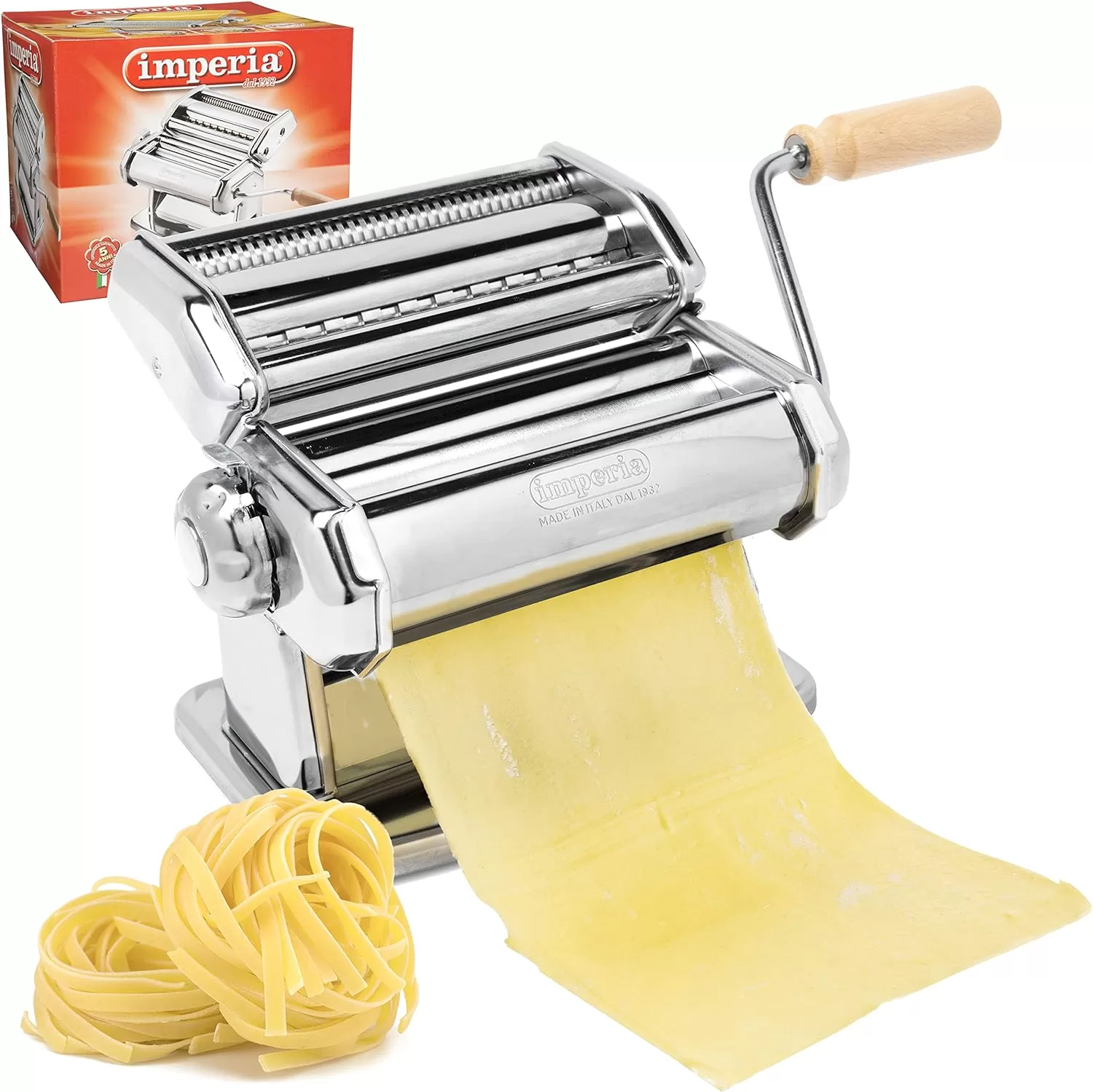 Imperia Pasta Maker Machine - Heavy Duty Steel Construction w Easy Lock Dial and Wood Grip Handle- Model 150 Made in Italy