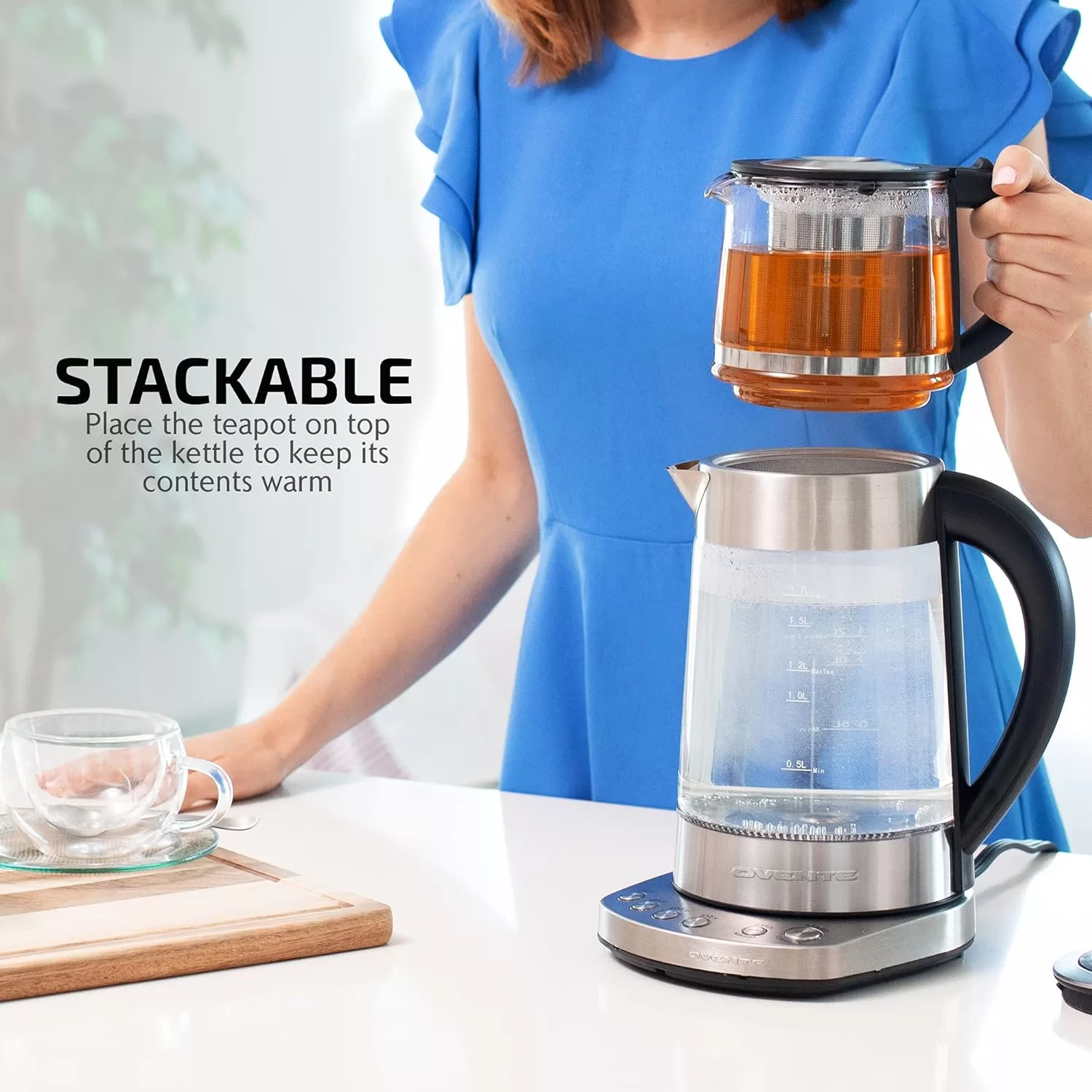 OVENTE Glass Electric Kettle Hot Water Boiler 1.7 Liter ProntoFill Tech Portable Kettle w/ Set Temperature Control