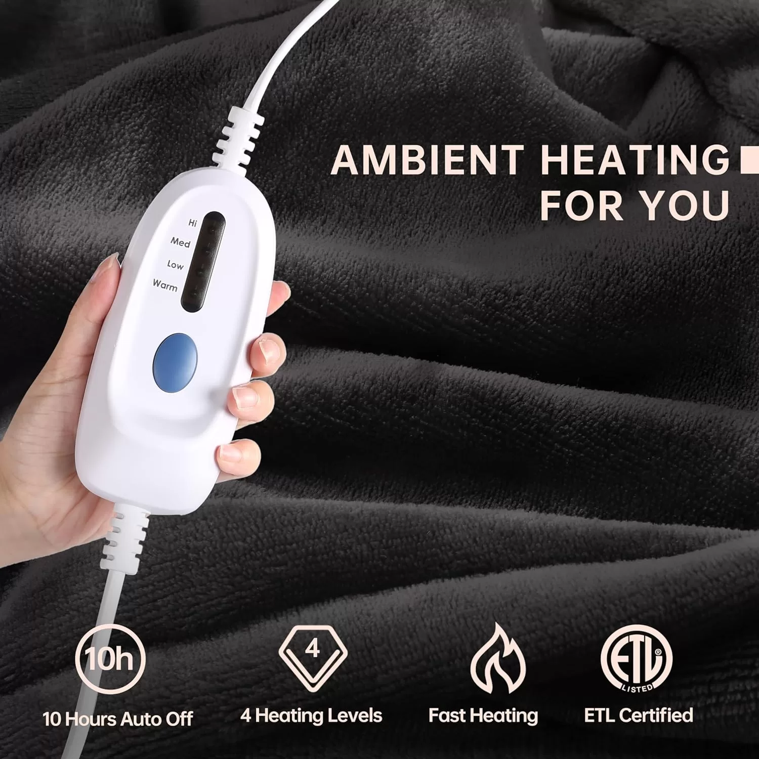 Electric Blanket Heated 72"x84" Full Size Oversized Flannel Heated Blanket - Dark Grey