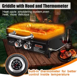 QuliMetal Table Top Grill Portable Griddle with Hood Non-Stick Flat Top Grill Griddle Propane Grill