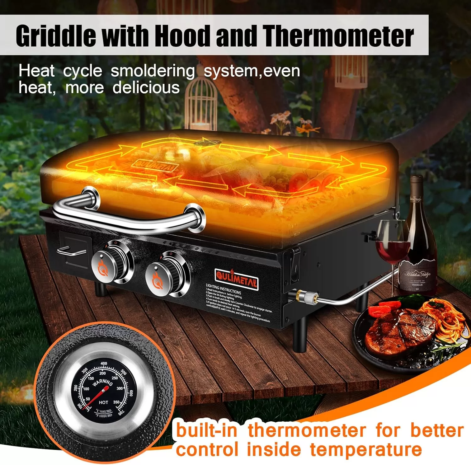 QuliMetal Table Top Grill Portable Griddle with Hood Non-Stick Flat Top Grill Griddle Propane Grill