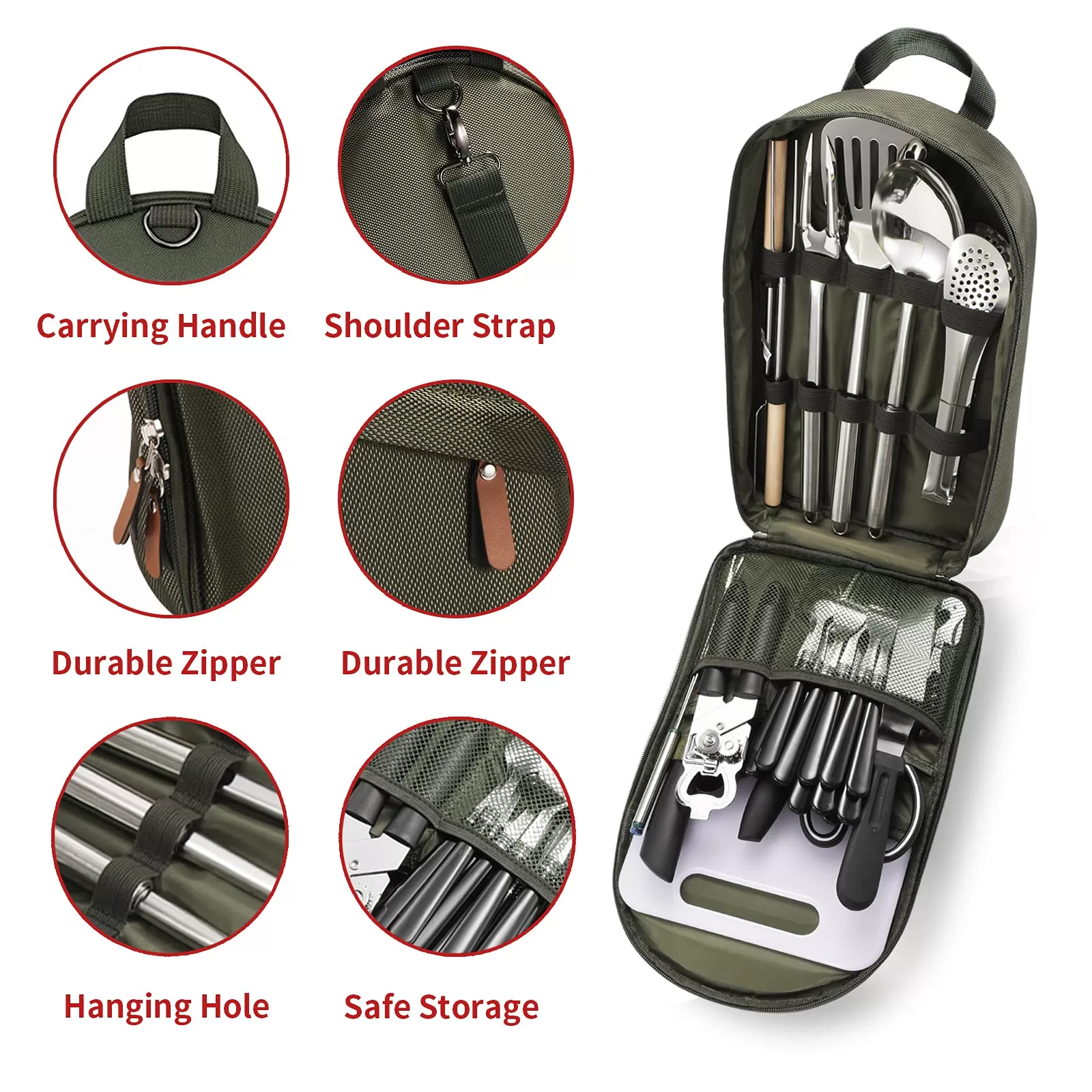 Portable Camping Kitchen Utensil Set-27 Piece Cookware Kit, Stainless Steel Outdoor Cooking and Grilling Utensil Organizer Travel Set