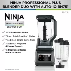 Ninja BN751 Professional Plus DUO Blender, 1400 Peak Watts, 3 Auto-IQ Programs for Smoothies, Black