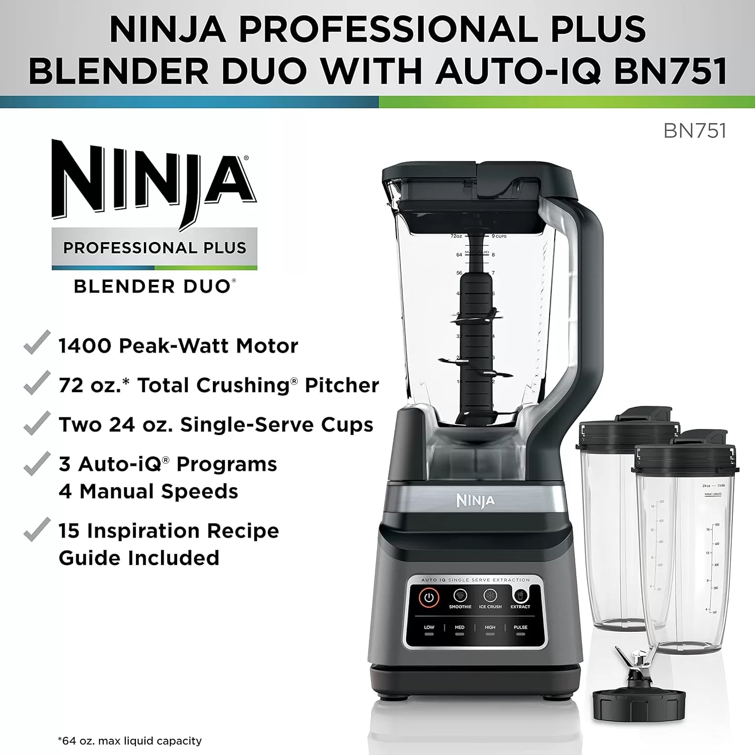 Ninja BN751 Professional Plus DUO Blender, 1400 Peak Watts, 3 Auto-IQ Programs for Smoothies, Black