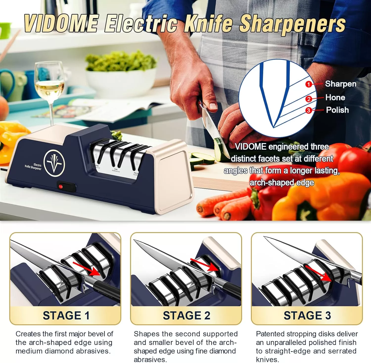 VIDOME Professional Electric Knife Sharpener, 3-stage Champagne Gold, afilador de cuchillos