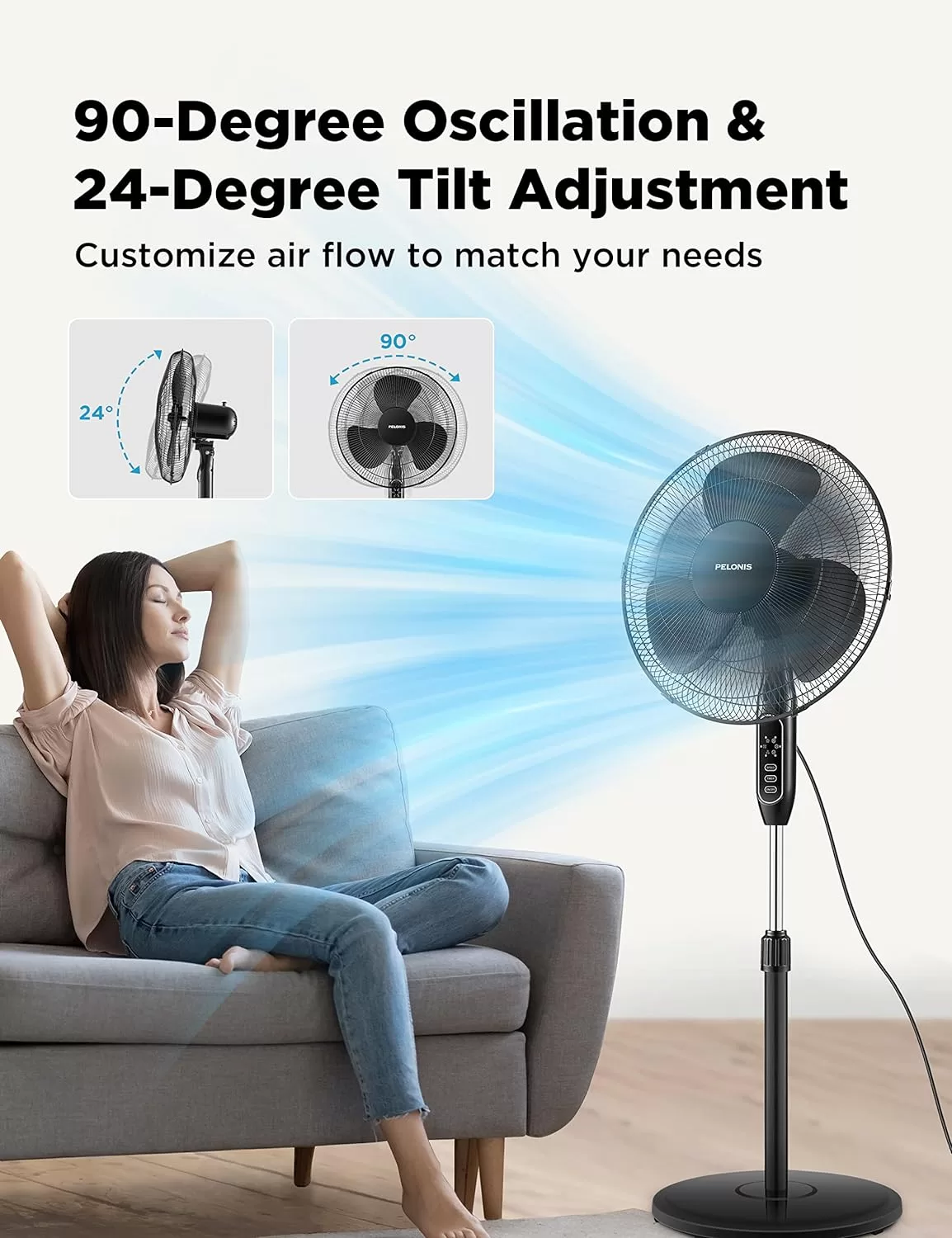 PELONIS 16'' Pedestal Remote Control, Oscillating Stand Up Fan 7-Hour Timer, Supreme 16"-Black