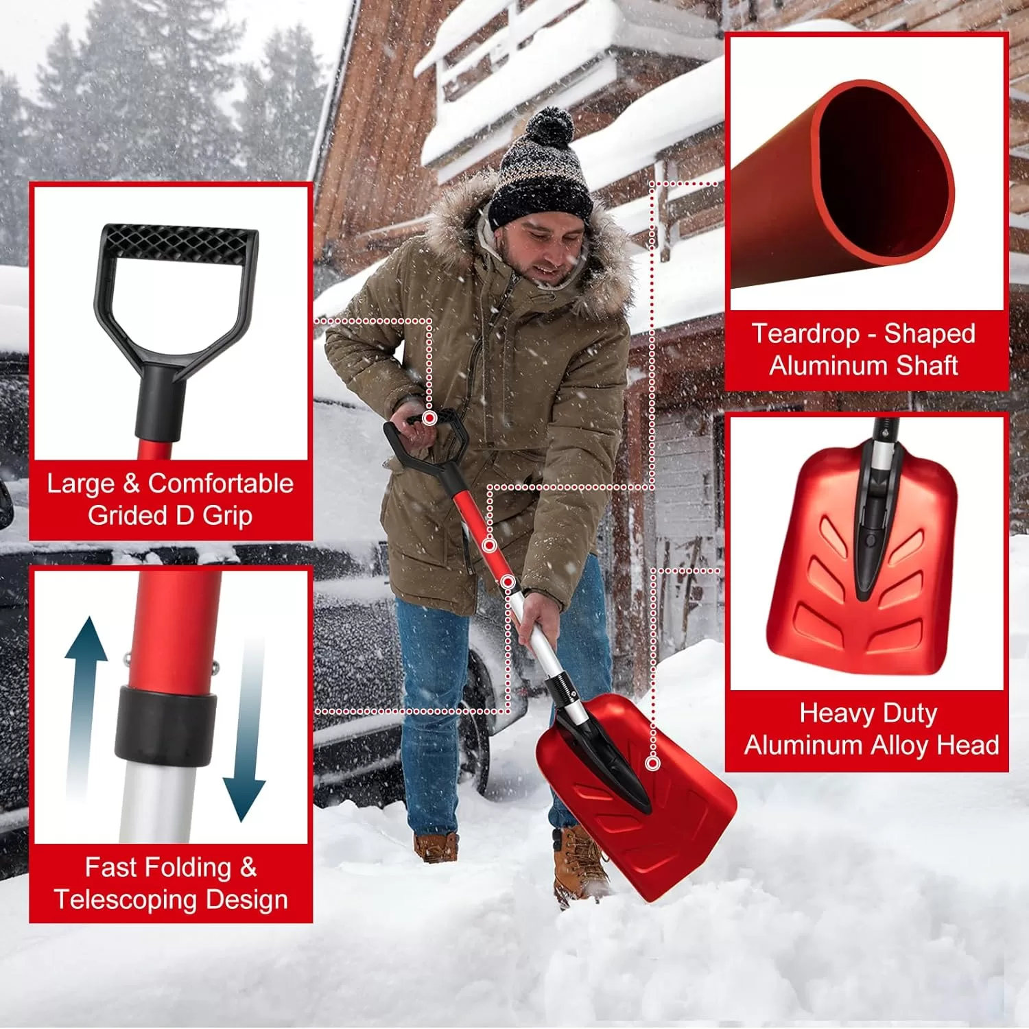 SnowPro Snow Shovel for Car, Fast Folding and Telescoping Design for Emergency Snow Removal
