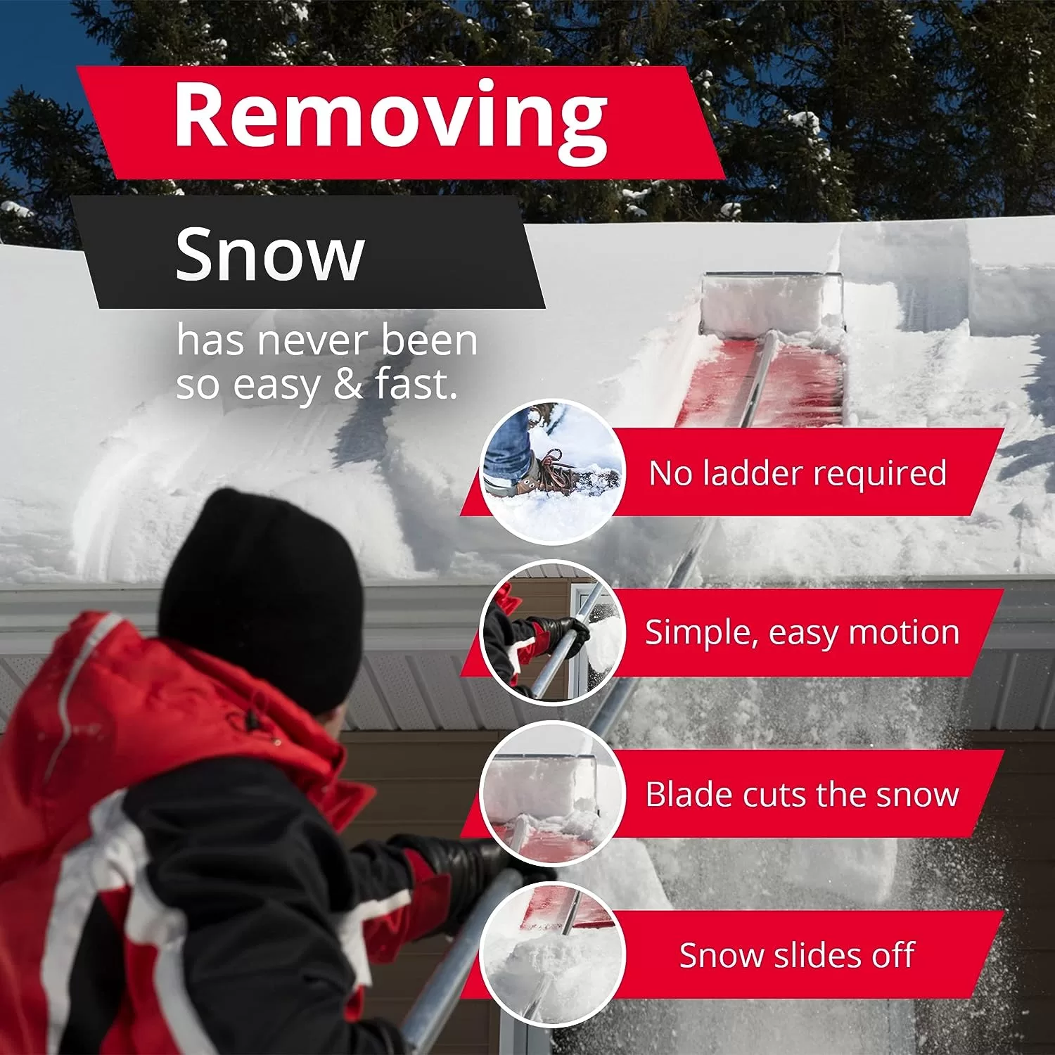 SNOWPEELER Premium Snow Roof Rake - 9 m (30 ft.) - Telescopic Heavy Duty Snow Shovel for Rooftop