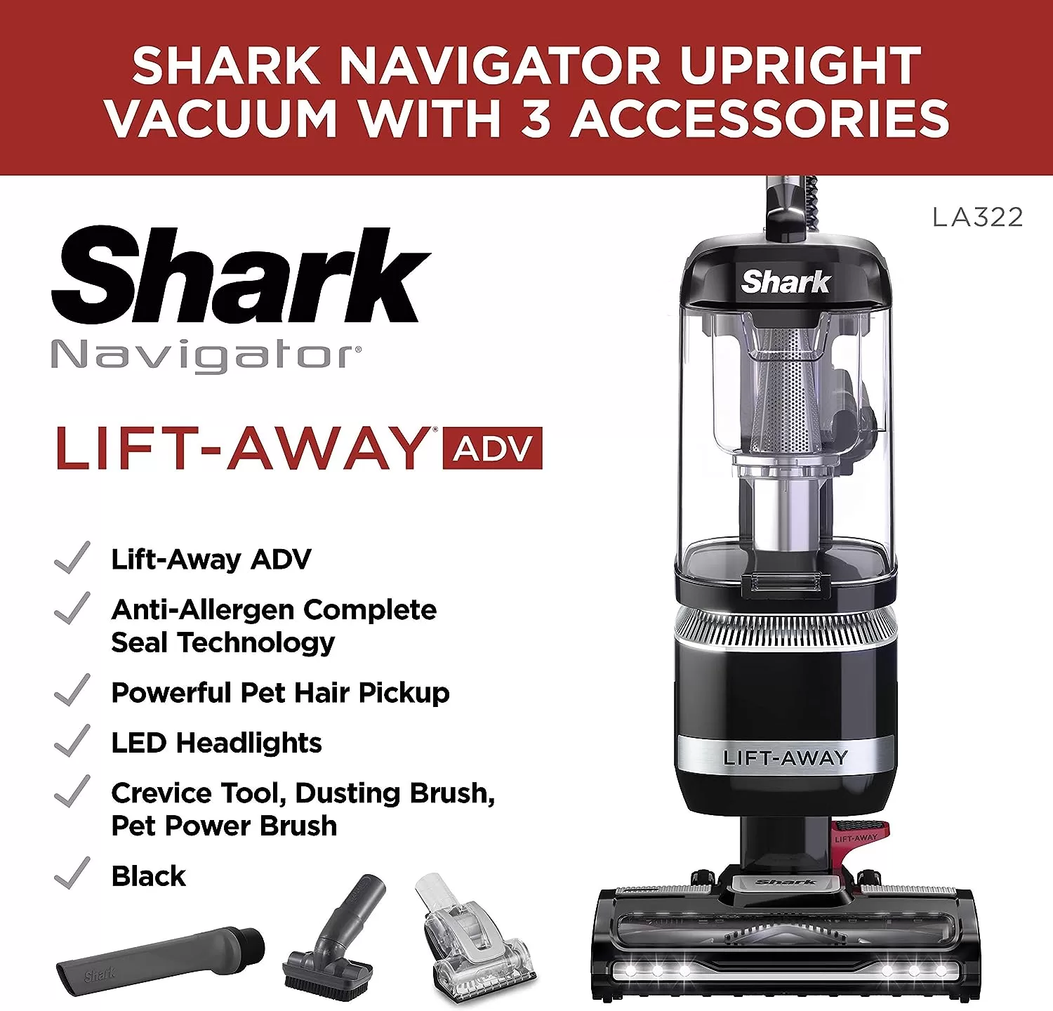 Shark LA322 Navigator ADV Corded Vacuum with Pet Power Brush Crevice and Upholstery Tool, Lift-Away Upright, Black