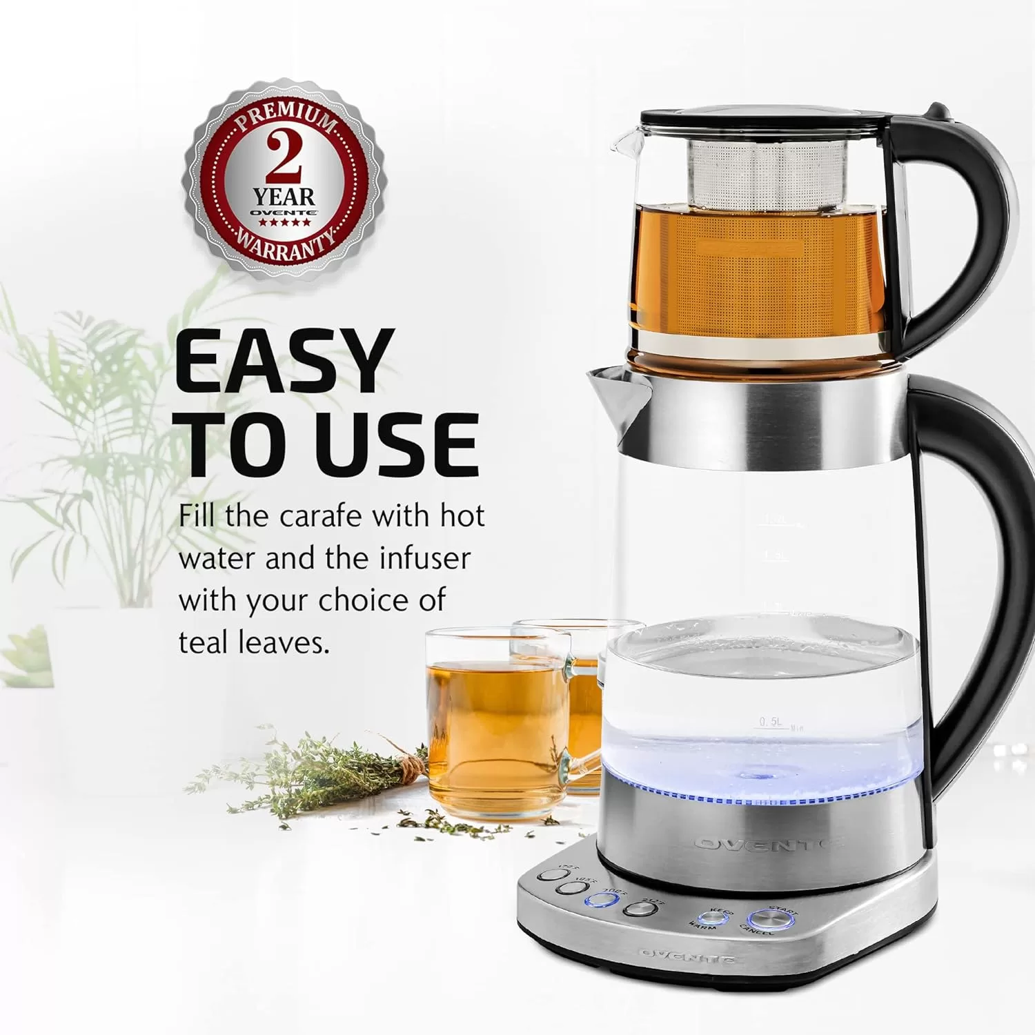 OVENTE Glass Electric Kettle Hot Water Boiler 1.7 Liter ProntoFill Tech Portable Kettle w/ Set Temperature Control