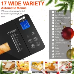 KBS 17-in-1 Bread Maker-Dual Heaters, 710W Machine Stainless Steel