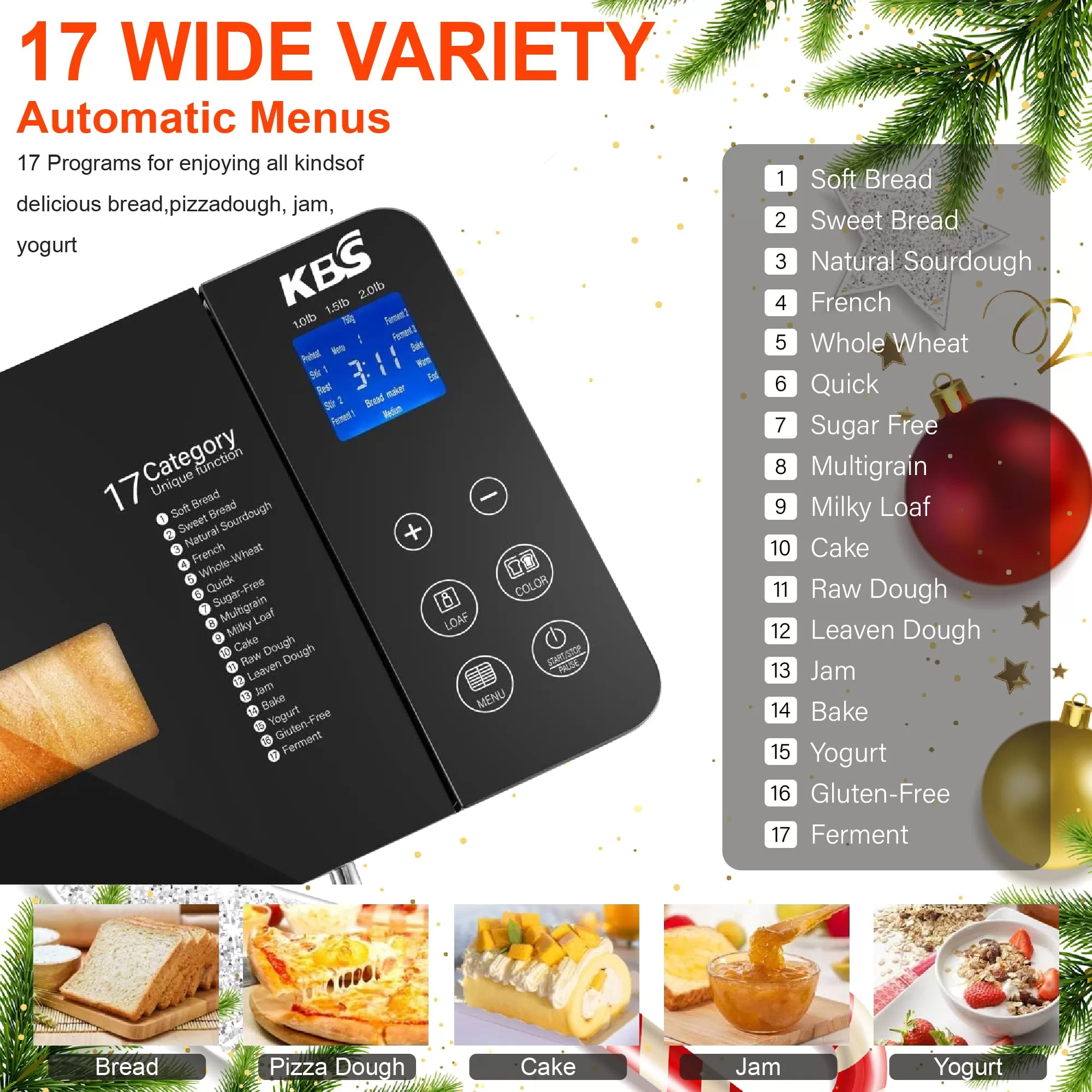 KBS 17-in-1 Bread Maker-Dual Heaters, 710W Machine Stainless Steel