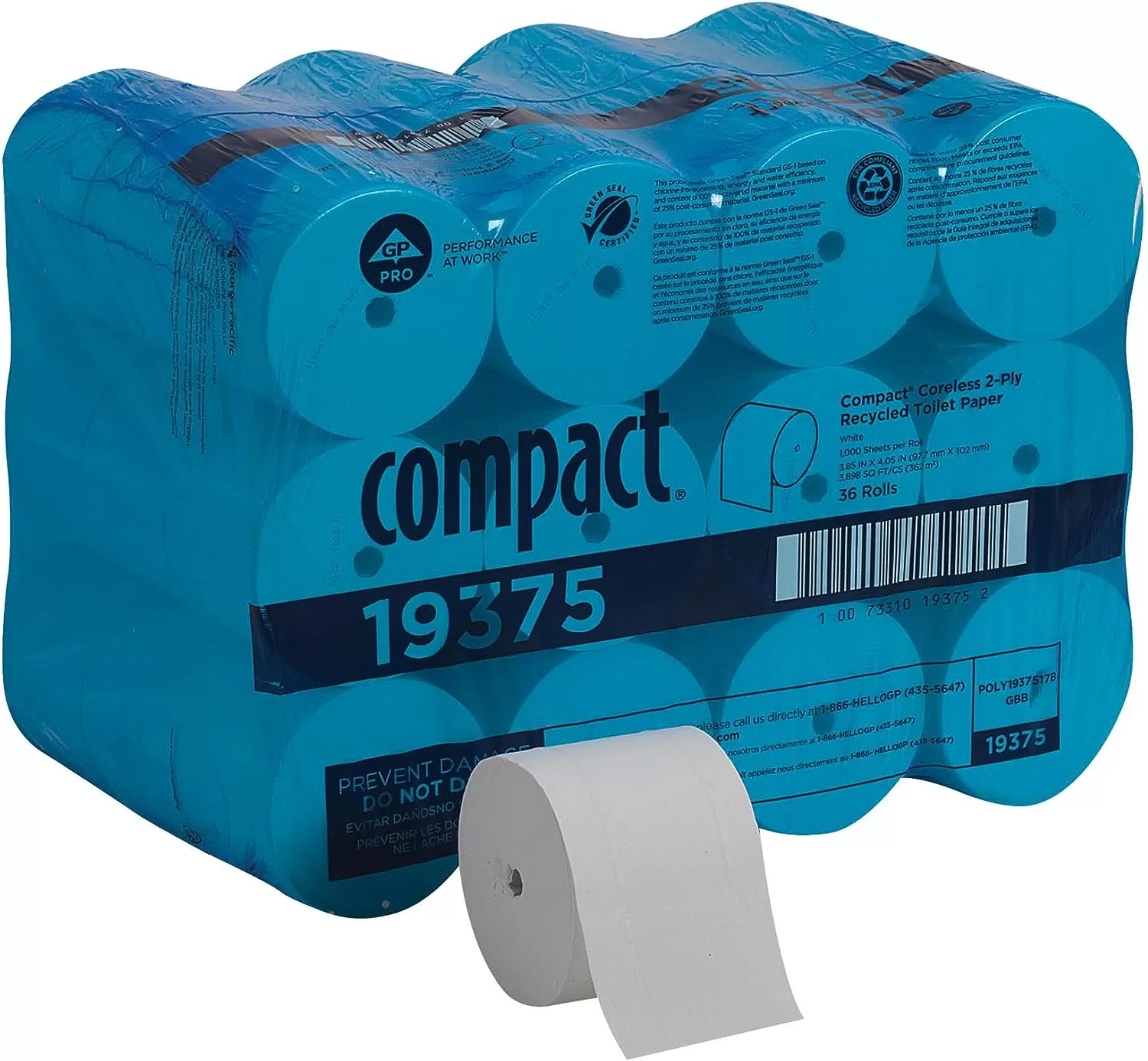 Compact Coreless 2-Ply Recycled Toilet Paper by GP PRO (Georgia-Pacific), 19375, 1,000 Sheets Per Roll, 36 Rolls Per Case