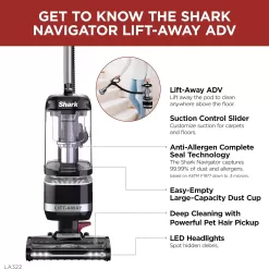 Shark LA322 Navigator ADV Corded Vacuum with Pet Power Brush Crevice and Upholstery Tool, Lift-Away Upright, Black