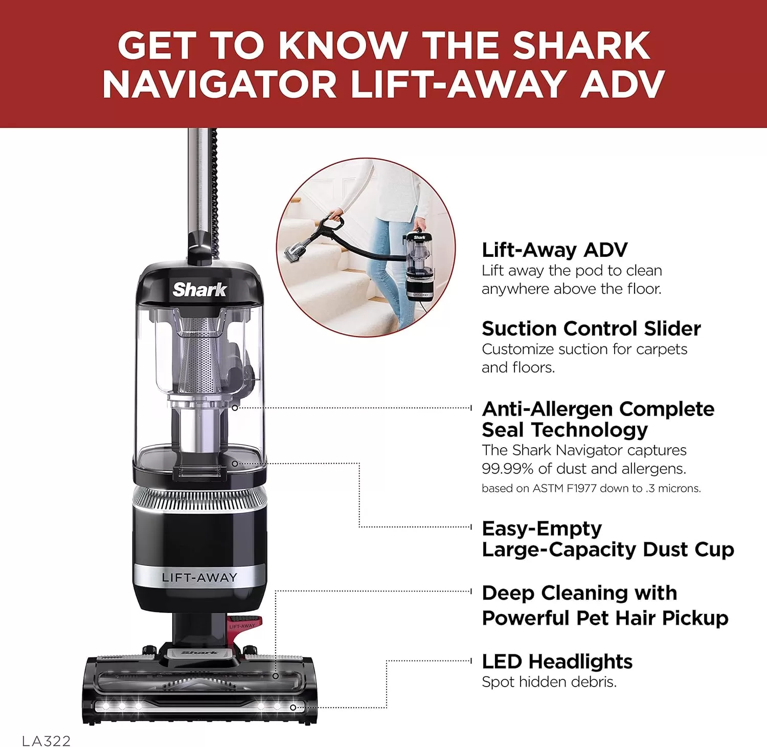 Shark LA322 Navigator ADV Corded Vacuum with Pet Power Brush Crevice and Upholstery Tool, Lift-Away Upright, Black